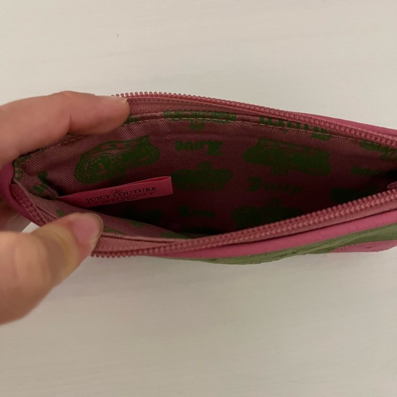 Juicy Couture I Love Juicy Green Pink Velour Leather Zippered Wristlet - Picture 3 of 3